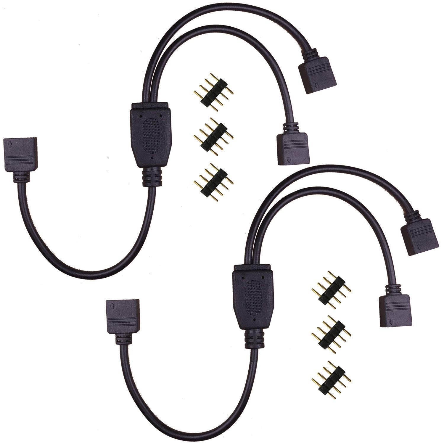 RGBZONE 2 Pack Black 4 Pins LED Splitter Cable Strip Connector 2 Way Splitter Y Splitter for 1 to 2 RGB 5050 3528 LED Light Strips with 6 x Male 4 Pin Plugs (11.8")