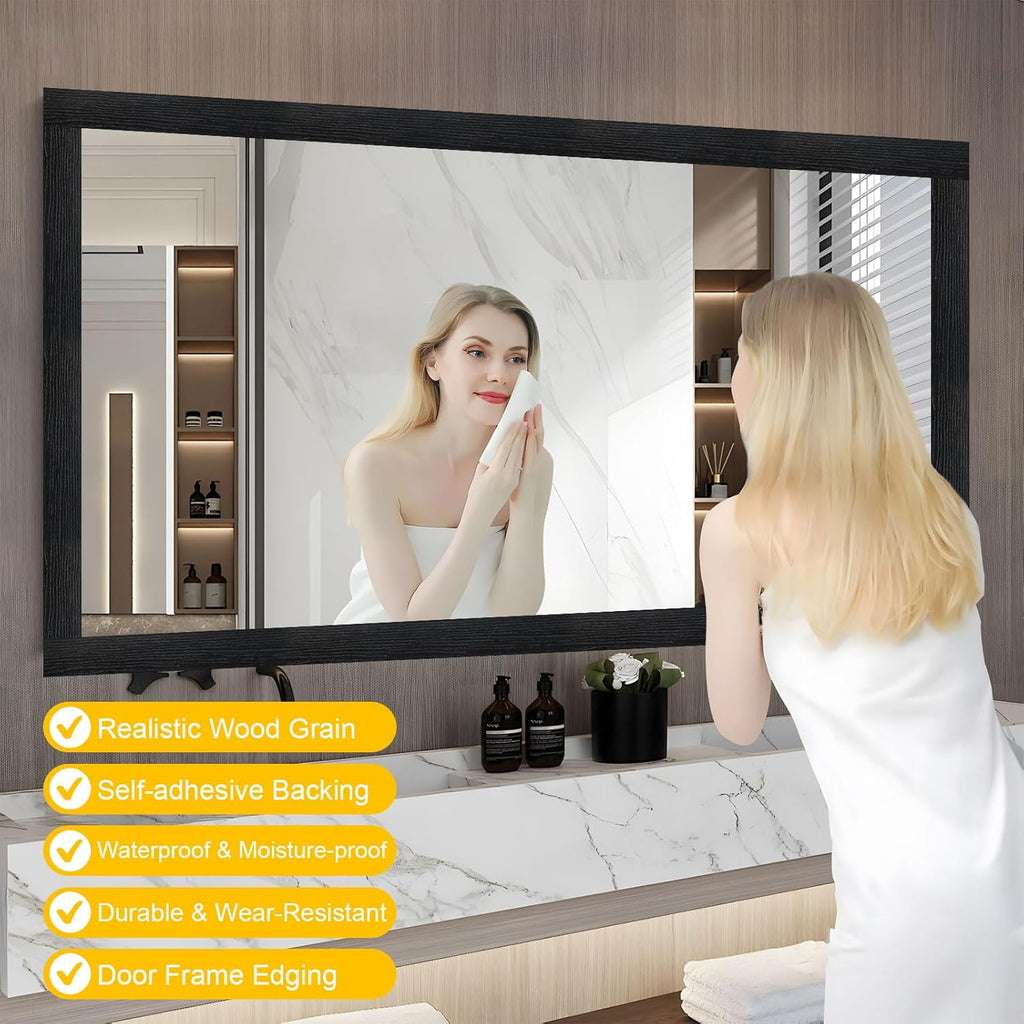Peel & Stick Black Wood Grain Wallpaper Border by [Brand Name] | 32.8 FT x 3.93 Inch Bathroom Mirror Frame