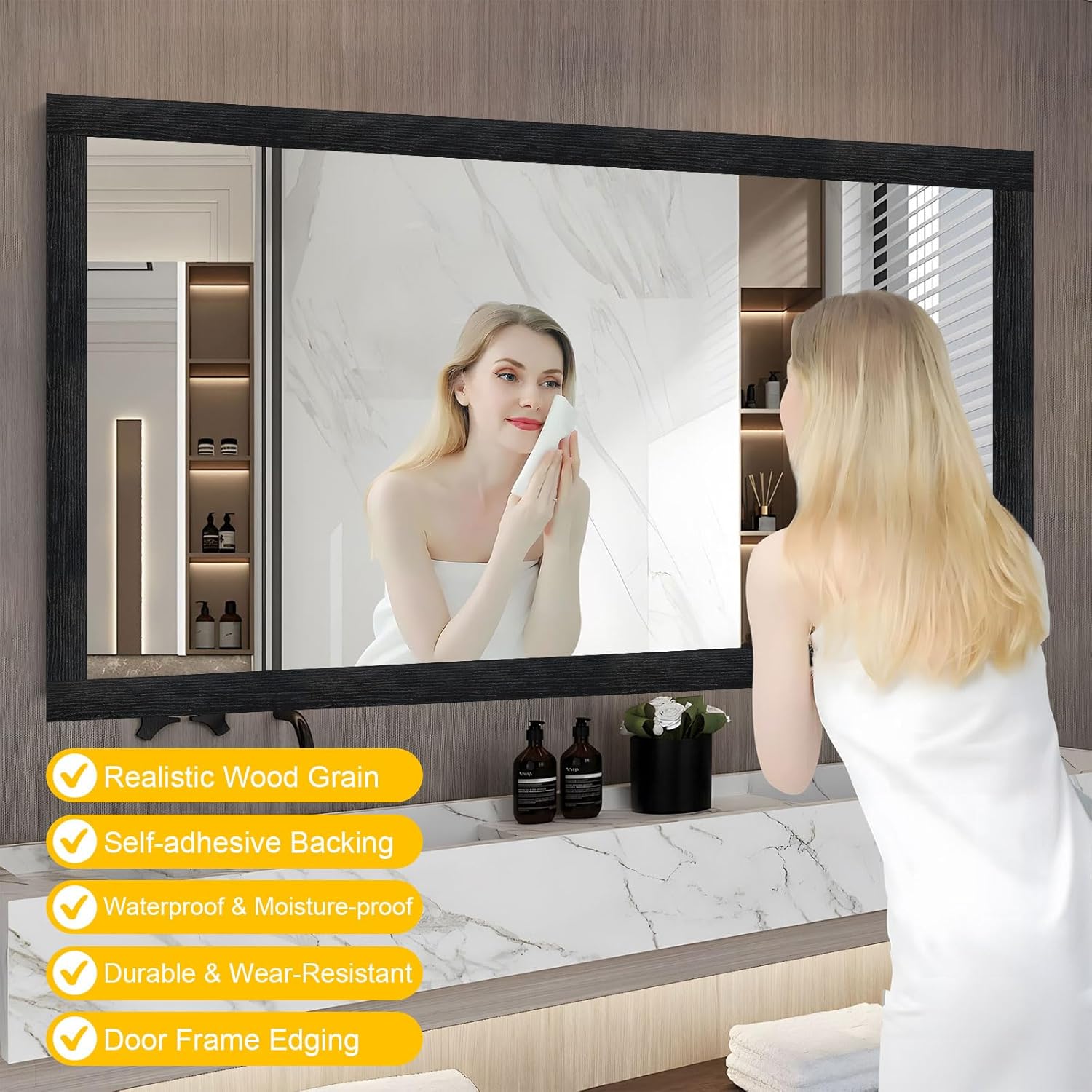 Peel & Stick Black Wood Grain Wallpaper Border by [Brand Name] | 32.8 FT x 3.93 Inch Bathroom Mirror Frame