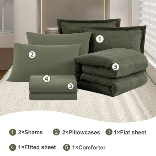 Geniospin California King Comforter Set - 7 Pieces Comforter King Size, Soft Solid Bedding Set for All Season, Textured Bed in a Bag with Sheets, Pillowcases & Shams (Dark Green,104''x96'')