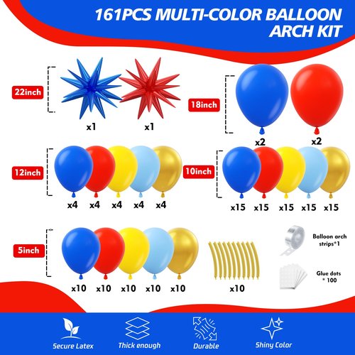 HKYOOD 161Pcs Cartoon Balloon Garland Arch Kit - Balloons with 4D Star Gold Long Balloons for Birthday Baby Shower Cartoon Carnival Circus Hedgehog Super Hero Gamer Theme Backdrop Party Decorations