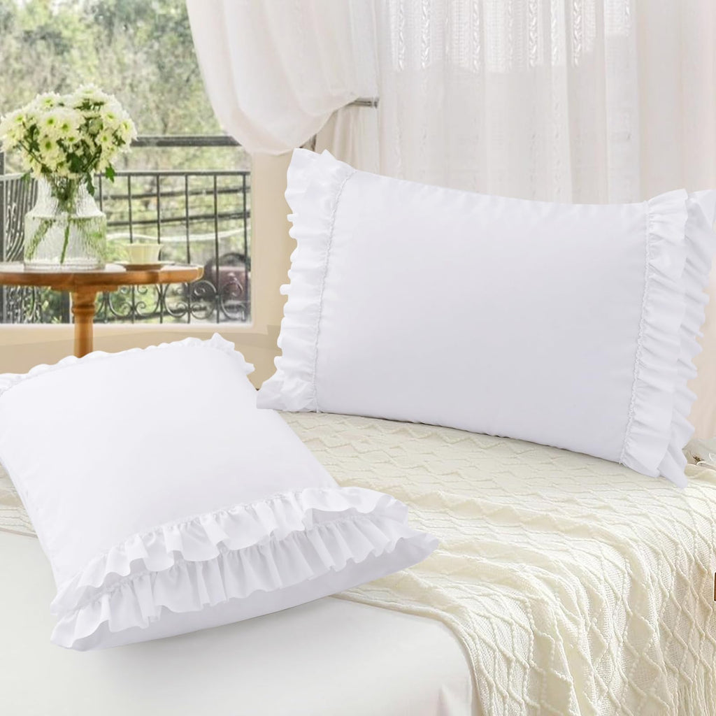 RUDONG M Ruffled Pillow Cases Set of 2, Standard Microfiber Pillowcases, Decorative Ruffle Pillow Covers with Envelope Closure, 20x26 Inches White Boho Pillow Shams