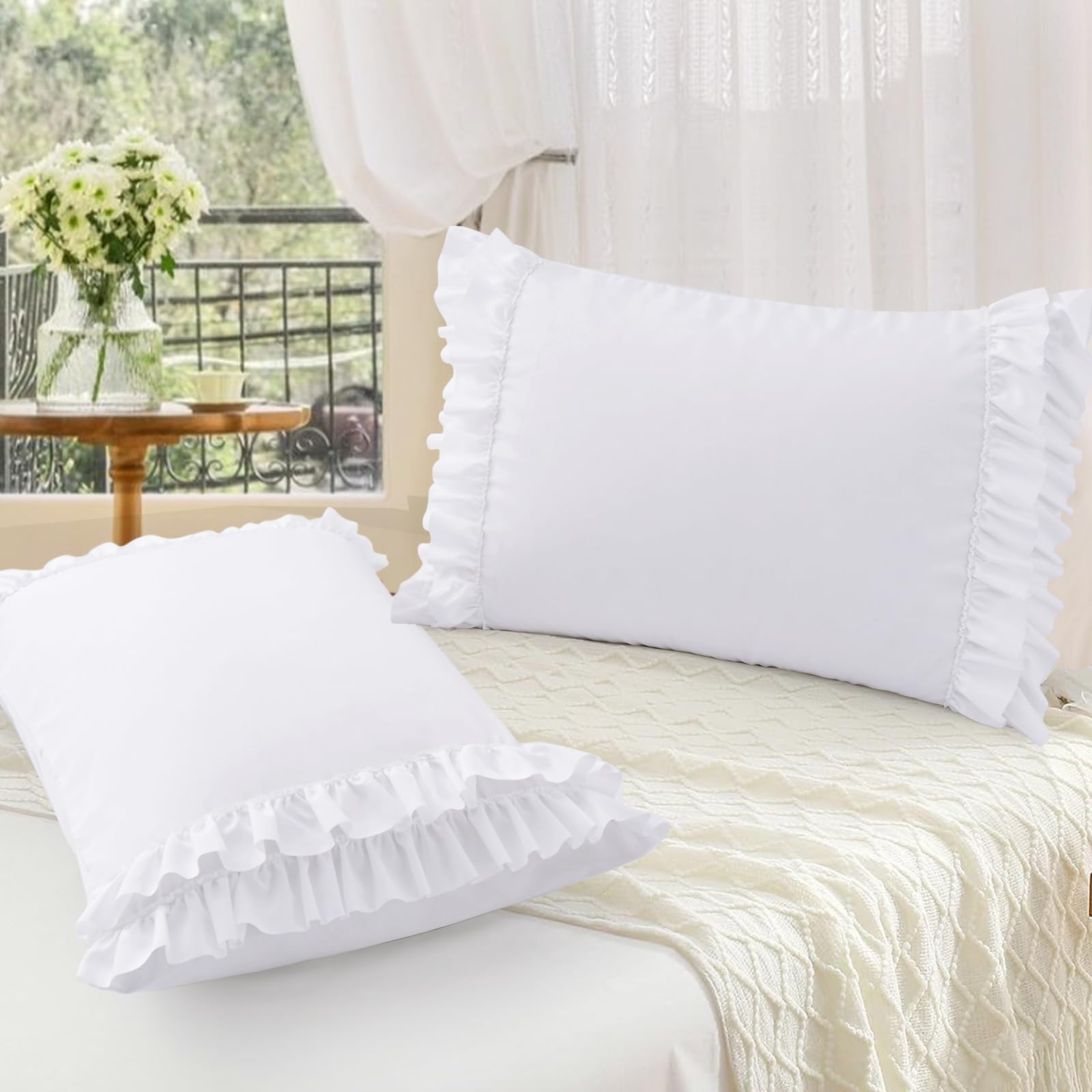 RUDONG M Ruffled Pillow Cases Set of 2, Standard Microfiber Pillowcases, Decorative Ruffle Pillow Covers with Envelope Closure, 20x26 Inches White Boho Pillow Shams