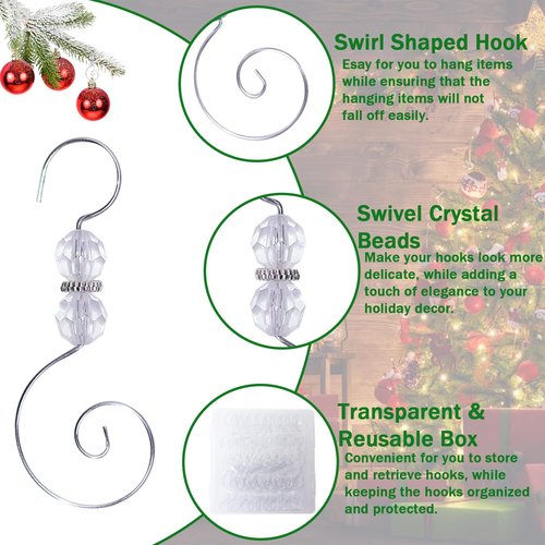 30 PCS Christmas Ornament Hooks,Silver Christmas Tree Hanger S-Shaped Hangers Hook with 2 Crystal Beads for Crafts Xmas Tree Home Decoration (B)
