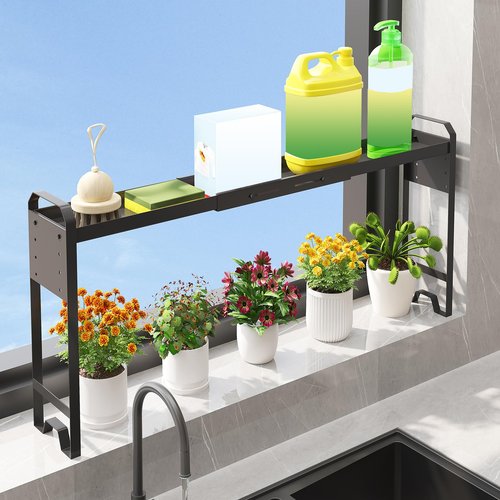 WOCUBEHOME Over The Sink Shelf & Window Plant Shelf, Expandable Kitchen Organization Adjustable in Height & Length, Multi-Purpose Storage Rack for Stove, Bathroom, Study