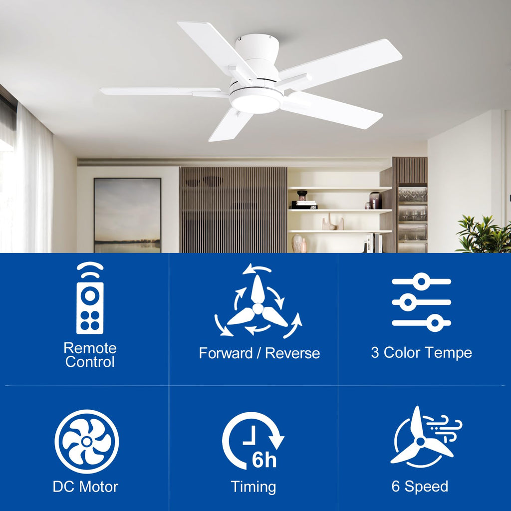 Sevenine 42'' White Flush Mount Ceiling Fan with Light & Remote, ETL Listed