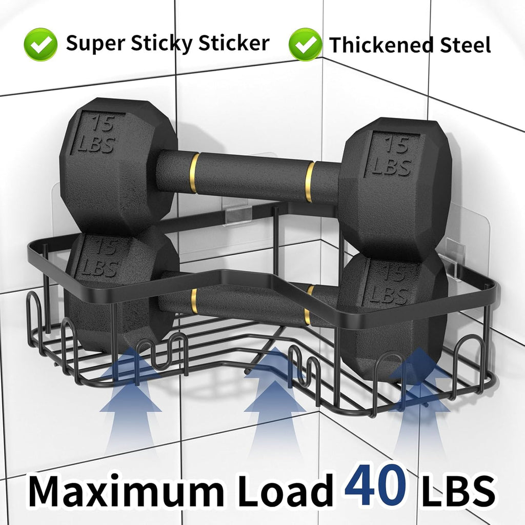 Menbyci Corner Shower Caddy - 3 Pack Adhesive Bathroom Shelves with 18 Hooks | Rustproof Stainless Steel, Black