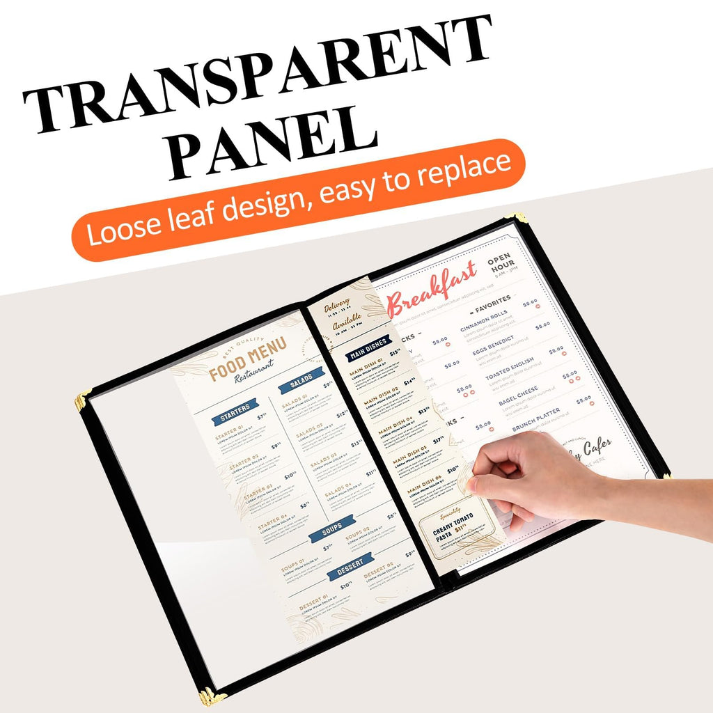 10 Pack Menu Covers 6 Page 12 View, 8.26 x 11.69 Inches Transparent Restaurant Recipe Menu Covers Menu Holder with Leatherette Trim & Metal Corners for Bar Cafe Restaurant
