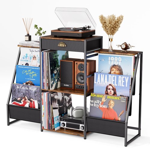 JunVpic Record Player Stand with Vinyl Storage – Record Table with Holder,6-Bin Vinyl Storage Rack & Drawer, Dual Side Display Shelves,Holds 200+ Albums,Turntable Stand for Living Room,Bedroom (Brown)