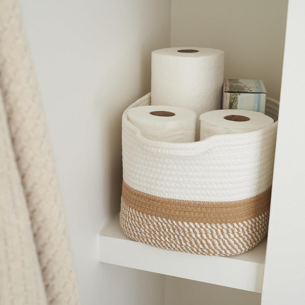 Stylish Cotton Rope Storage Basket - Versatile Woven Bin for Dog Toys, Magazines & Books | Clutter-Reducing Organizer with Handles