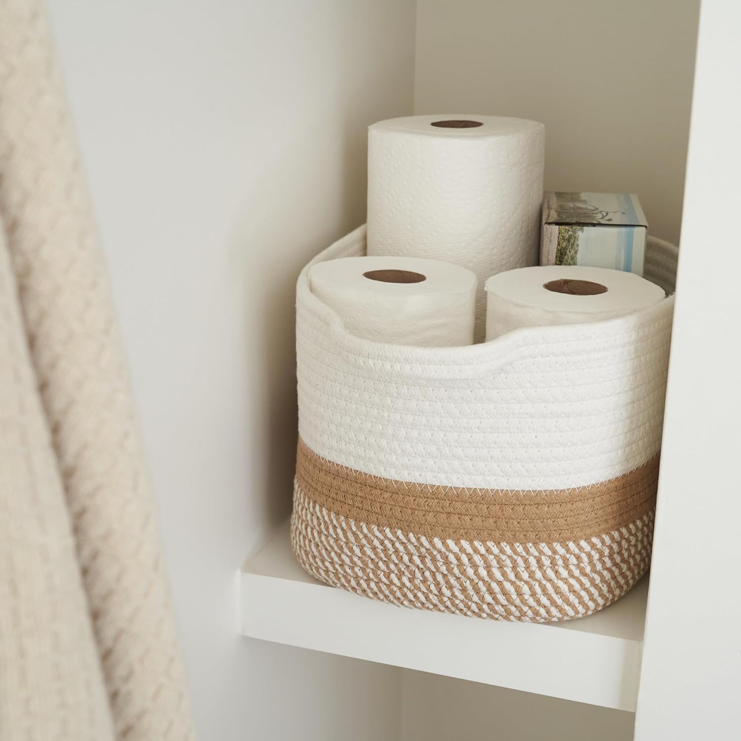 Stylish Cotton Rope Storage Basket - Versatile Woven Bin for Dog Toys, Magazines & Books | Clutter-Reducing Organizer with Handles