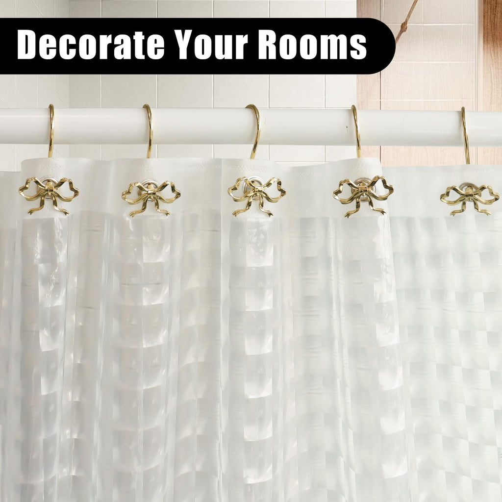 Bow Decorative Shower Curtain Hooks, Fshion Bowknot Shower Curtain Rings, Modern Bow Shower Curtain Hangers, 12PCS Shower Hooks for Shower Curtain, Home Decor, Bathroom, Bedroom, Living Room (Gold)