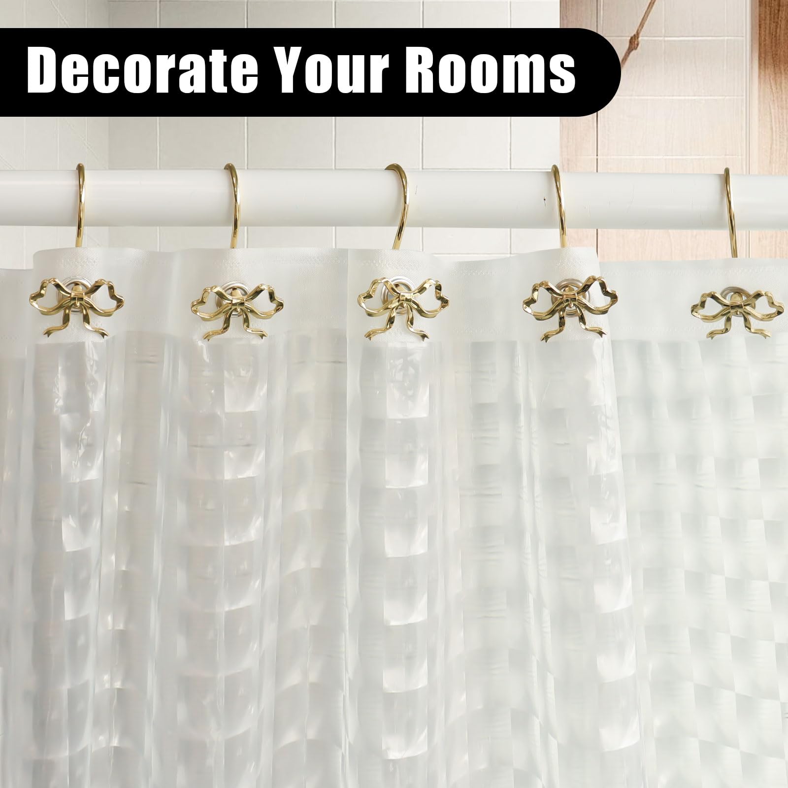 Bow Decorative Shower Curtain Hooks, Fshion Bowknot Shower Curtain Rings, Modern Bow Shower Curtain Hangers, 12PCS Shower Hooks for Shower Curtain, Home Decor, Bathroom, Bedroom, Living Room (Gold)