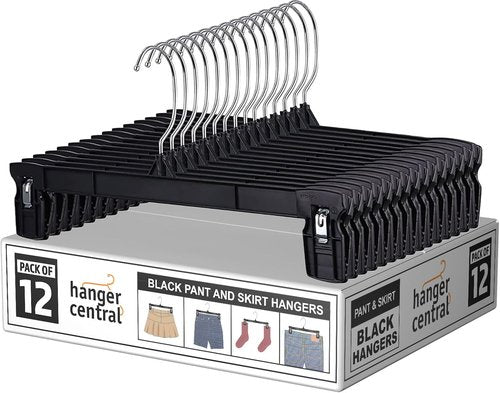 Hanger Central 12 Inch Slim Plastic Pants Hangers - Heavy Duty Non-Slip Clips for Skirts & Shorts - Black