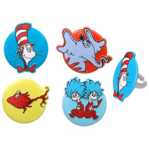DecoPac Dr. Seuss Cupcake Rings, 24 Cupcake Decorations Featuring Horton, The Cat In The Hat, Things, Red Fish, For Birthday, Party, Celebrations - 24 Pack