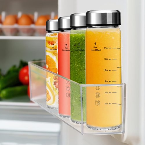 Olivego 16oz Glass Juice Bottles - 6 Pack Wide Mouth Glass Bottles with Lids- BPA Free, Stainless Steel Lids for Juicing, Smoothies, Infused Water, Beverage Storage - Leakproof, Borosilicate, Clear
