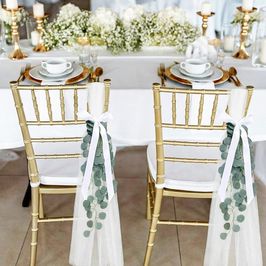 Skiennix Wedding Chair Decorations - 24 White Tulle Sashes with Ribbon Bows & Eucalyptus Vines | Perfect for Aisle & Ceremony