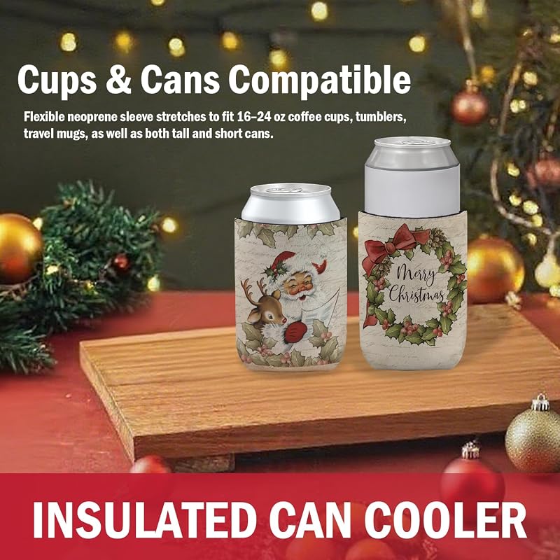 4 Pack Retro Christmas Cup Sleeves for Cold & Hot Drinks - Neoprene Can Insulators, Gift for Women (Variation: Christmas(8))