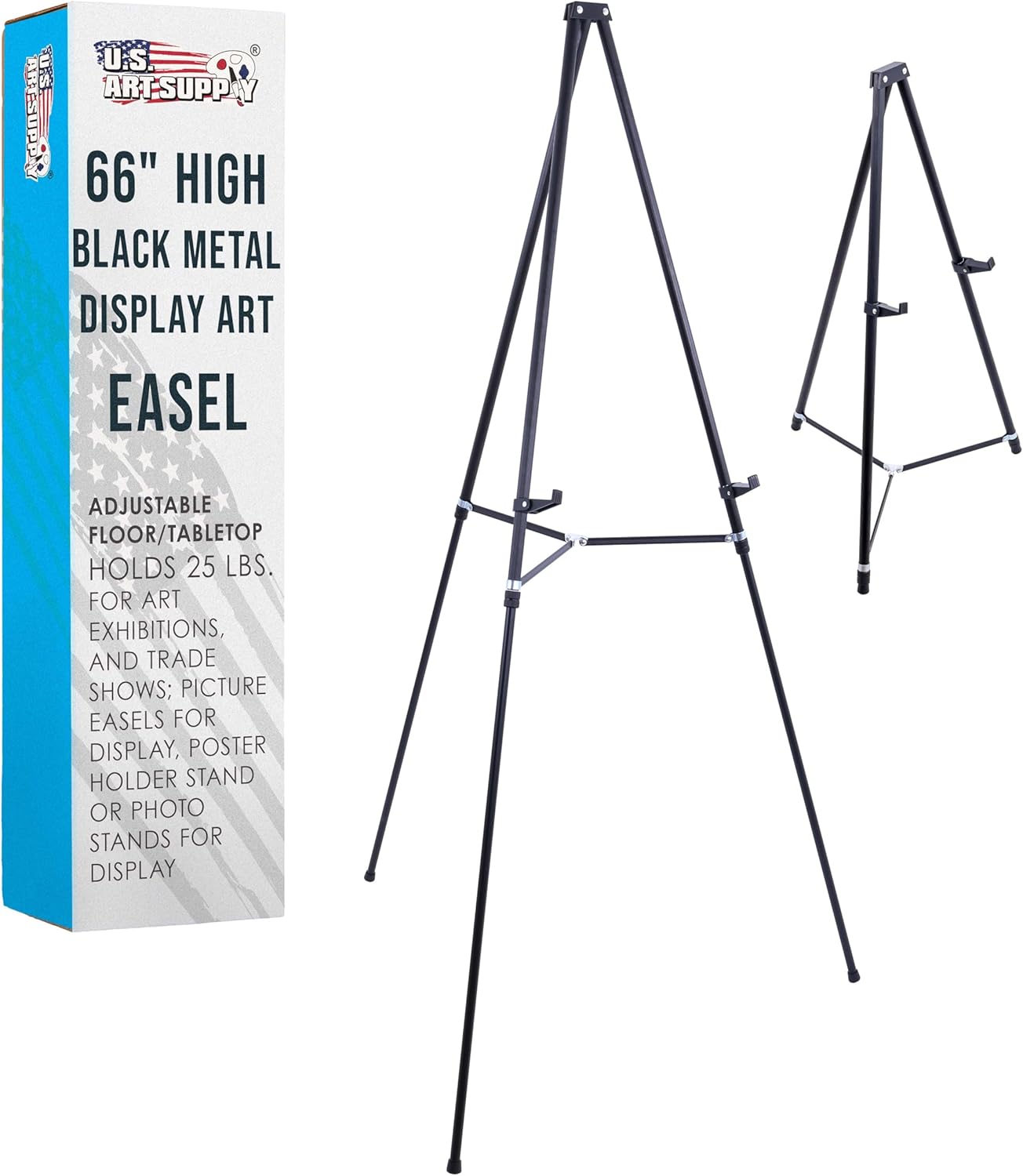 U.S. Art Supply 66" High Black Metal Display Art Easel - Adjustable Portable Stand for Floor & Tabletop Use