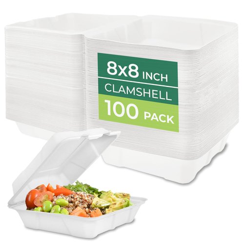 Freshware Clamshell Food Containers with Lids [8x8" 100-Pack] Disposable To Go Containers, Biodegradable Sugarcane To Go Boxes - Paper Container - Microwave & Freezer Safe, Stackable
