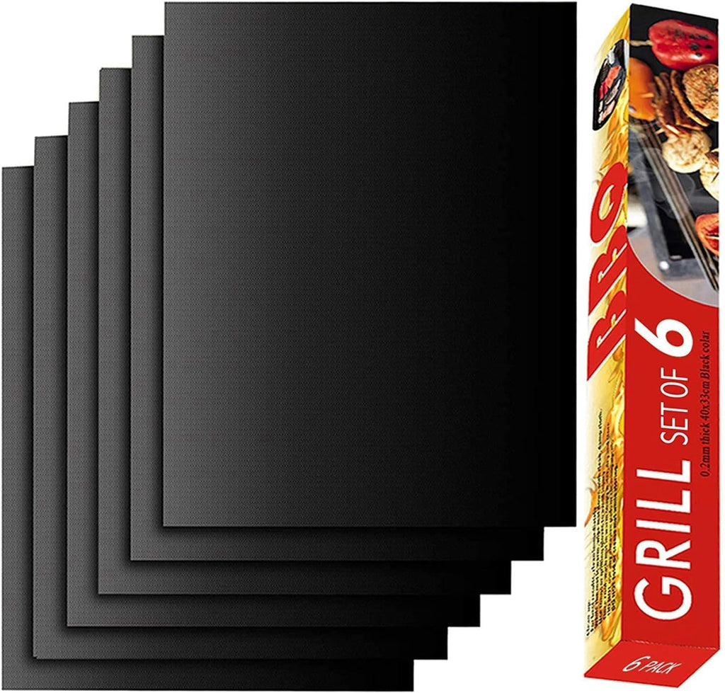 Renook Grill Mat Set of 6 | 100% Non-Stick Reusable Mats for Gas, Charcoal & Electric Grills - Easy to Clean, 15.75 x 13-Inch, Black