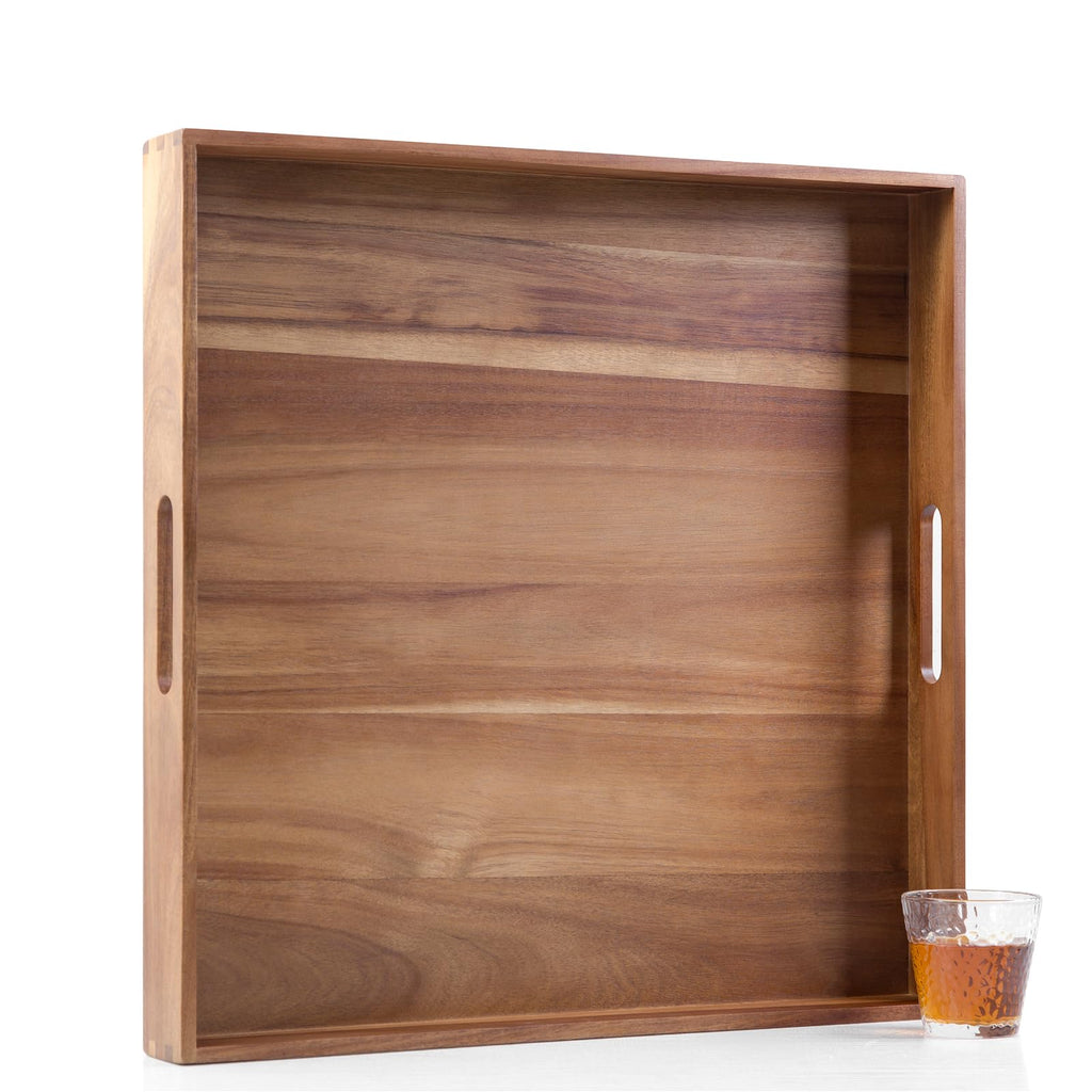 Extra Large Square Wood Tray, Generously 22" Acacia Serving Trays for Large Ottoman Coffee Table, Giant Square Shape Sofa Tray with Handles, Kitchen Organizer Storage Trays Huge Counter Serveware