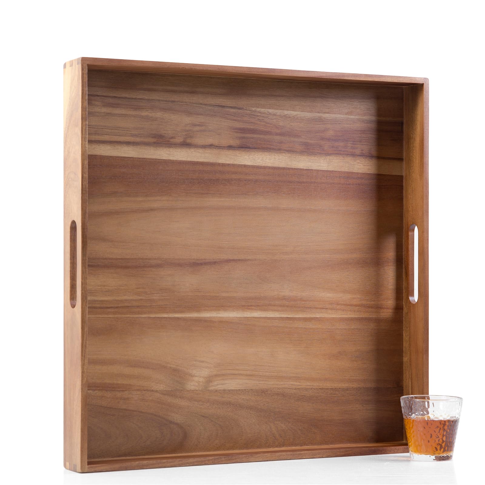 Extra Large Square Wood Tray, Generously 22" Acacia Serving Trays for Large Ottoman Coffee Table, Giant Square Shape Sofa Tray with Handles, Kitchen Organizer Storage Trays Huge Counter Serveware