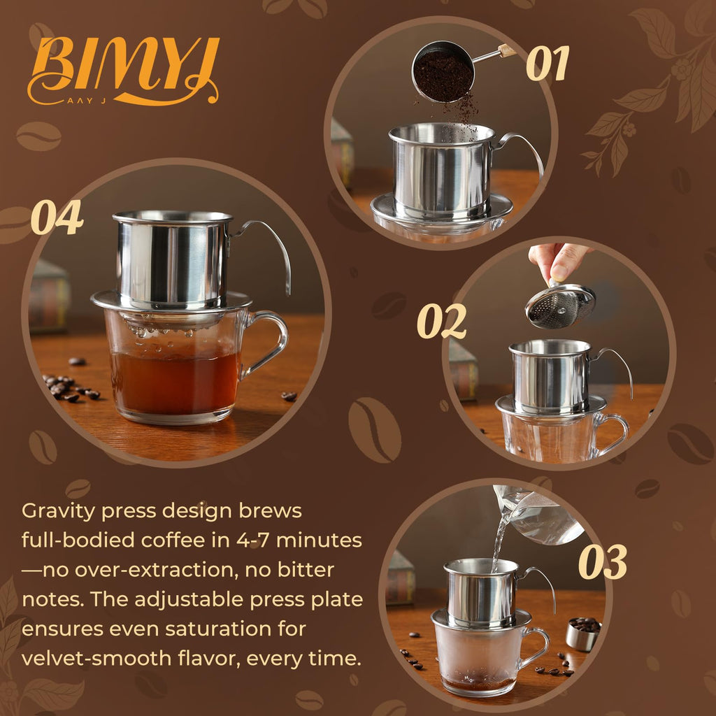 BIMYJ Authentic Vietnamese Coffee Dripper | Heavy-Duty 8oz Phin Filter Vietnamese Coffee Maker | Premium Stainless Steel Phin Coffee Filter for Rich Slow-Drip Brew