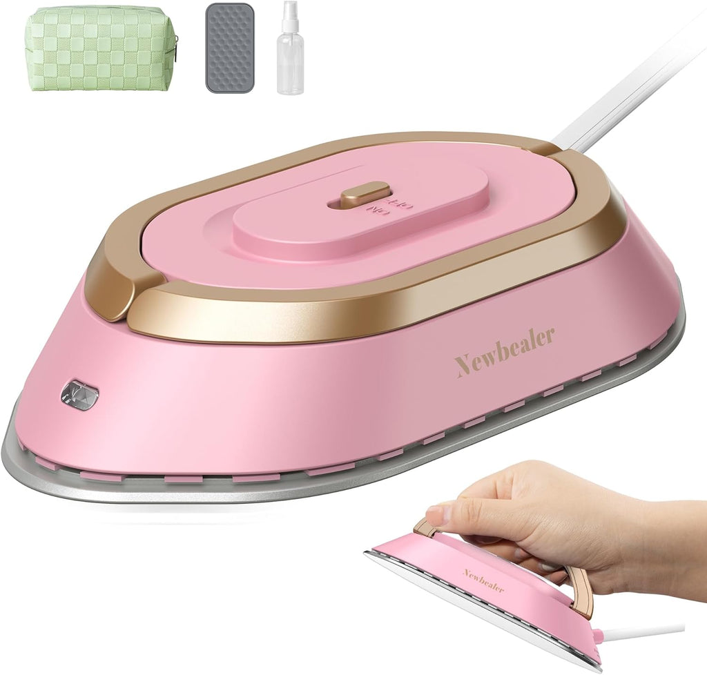 Newbealer Travel Iron - Mini Dry Iron with Global Voltage, 300W Power, Non-Stick Soleplate | Pink, Ultra-Lightweight