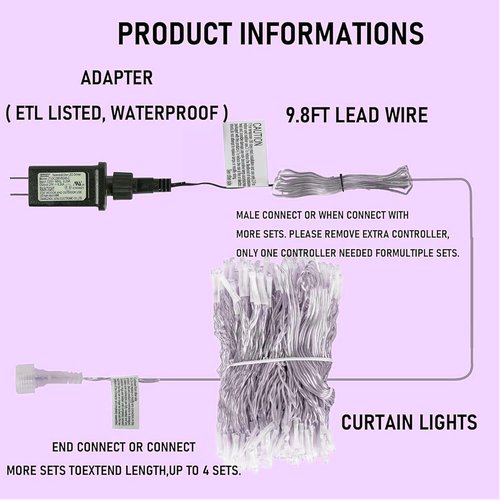 Dazzle Bright 300 LED Christmas Curtain String Lights - Waterproof Purple Fairy Lights with 8 Modes