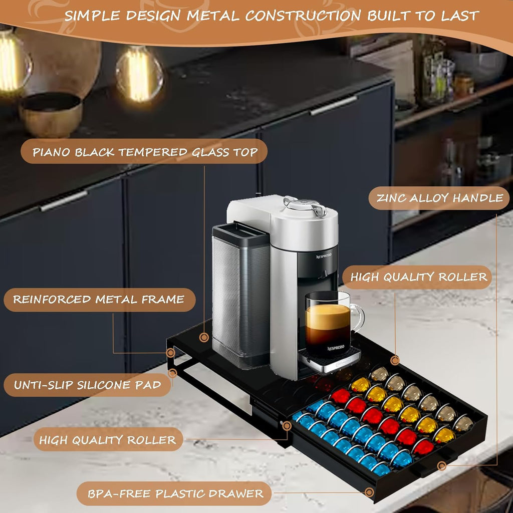 Nespresso Vertuo Pod Holder - Deluxe Black Tempered Glass Top | Holds Up to 75 Small or 50 Big Pods