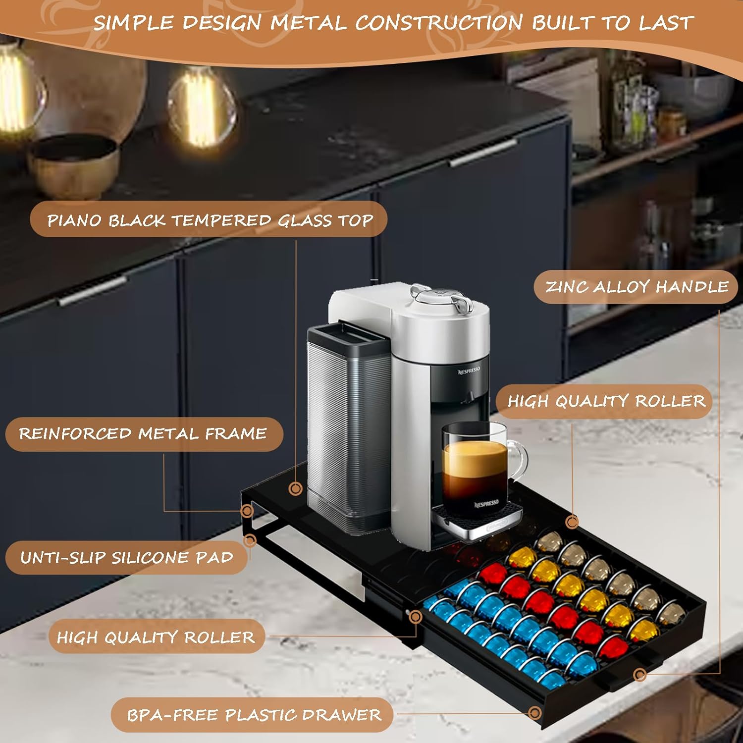 Nespresso Vertuo Pod Holder - Deluxe Black Tempered Glass Top | Holds Up to 75 Small or 50 Big Pods