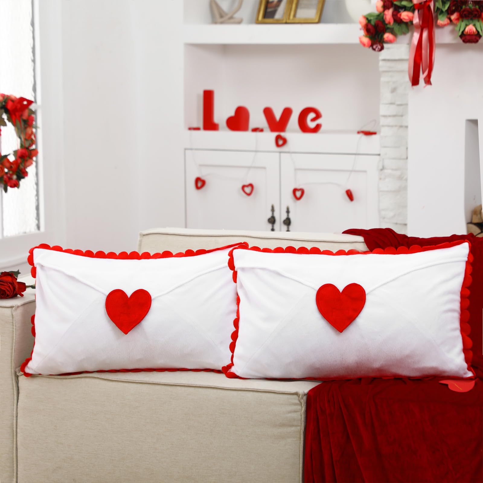 Cinnvoice 2 Pcs Valentine Day Pillow Covers 12x20 Valentines Lumbar Pillow Case Love Pattern Throw Cushion Case Heart Shape Embroidery Throw Covers for Bedroom Sofa Couch Decoration(Envelope)