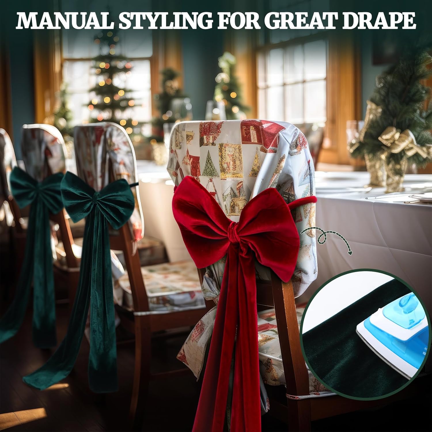 Suncalla Velvet Chair Bows - Elegant 12 x 43 Inch Red & Green Sashes for Weddings, Parties & Decor