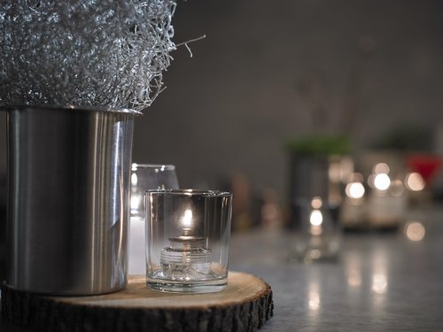 Sterno SoftLight Liquid Wax Candle Pack - Decorative Candles for Centerpieces, Candle Set with Bottle-Design Holder - Long Lasting Liquid Paraffin Candles, Burns Up to 18 Hours - 6 Pack