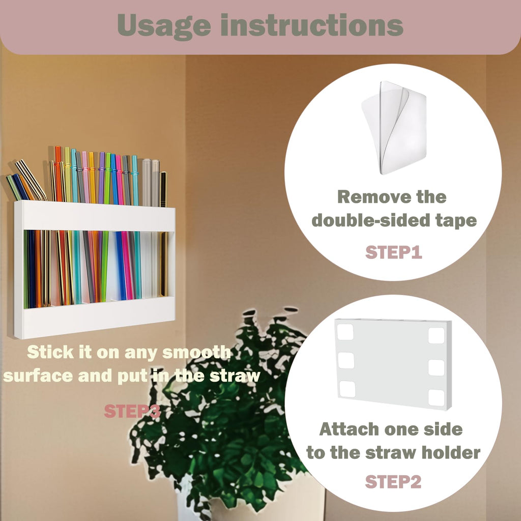 Acrylic Straw Holder for Cabinet Door with Double Sided Adhesive Tape, Tall Drinking Straws Dispensers, Reusable Straw Organizer Kitchen Storage Accessories for Cupboard, Counter (White)