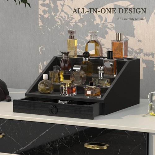 upcessory Wooden Cologne Organizer for Men Enhanced 4 Tier Cologne Stand Shelf Perfume Organizer with Velvet Lined Drawer & Hidden Storage Perfume Display Holder for Dresser Nice Gift (Classy Black)