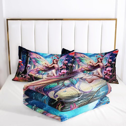 AILONEN Beautiful Butterfly Fairy Comforter Set,Magic Mushroom Duvet Set Queen Size, Mysterious Fairy Forest Theme Bedding Set Perfect for Kids Girls Bedroom,1 Quilt + 2 Pillow Case