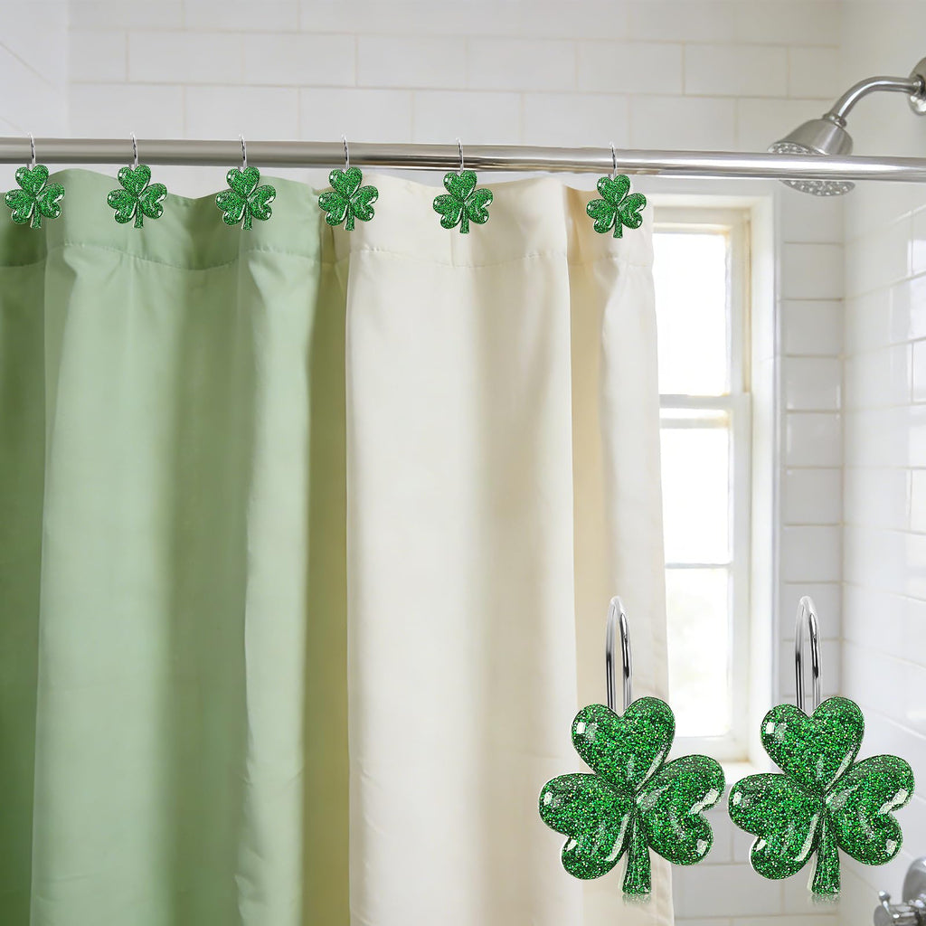 BOARDFEB Sparkling Shamrock Shower Curtain Hooks, 12Pcs St. Patrick's Day Decor with Glitter Clover Design for Festive Bathroom Party Accents