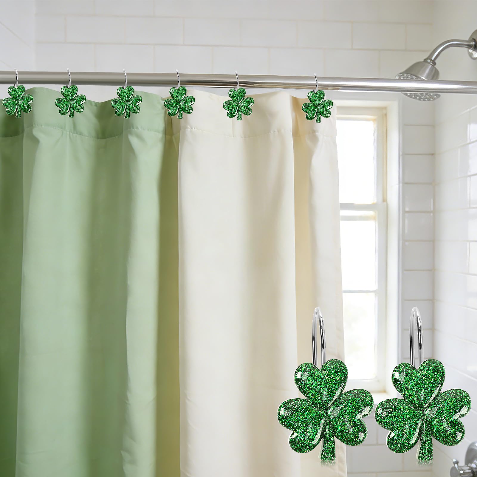 BOARDFEB Sparkling Shamrock Shower Curtain Hooks, 12Pcs St. Patrick's Day Decor with Glitter Clover Design for Festive Bathroom Party Accents