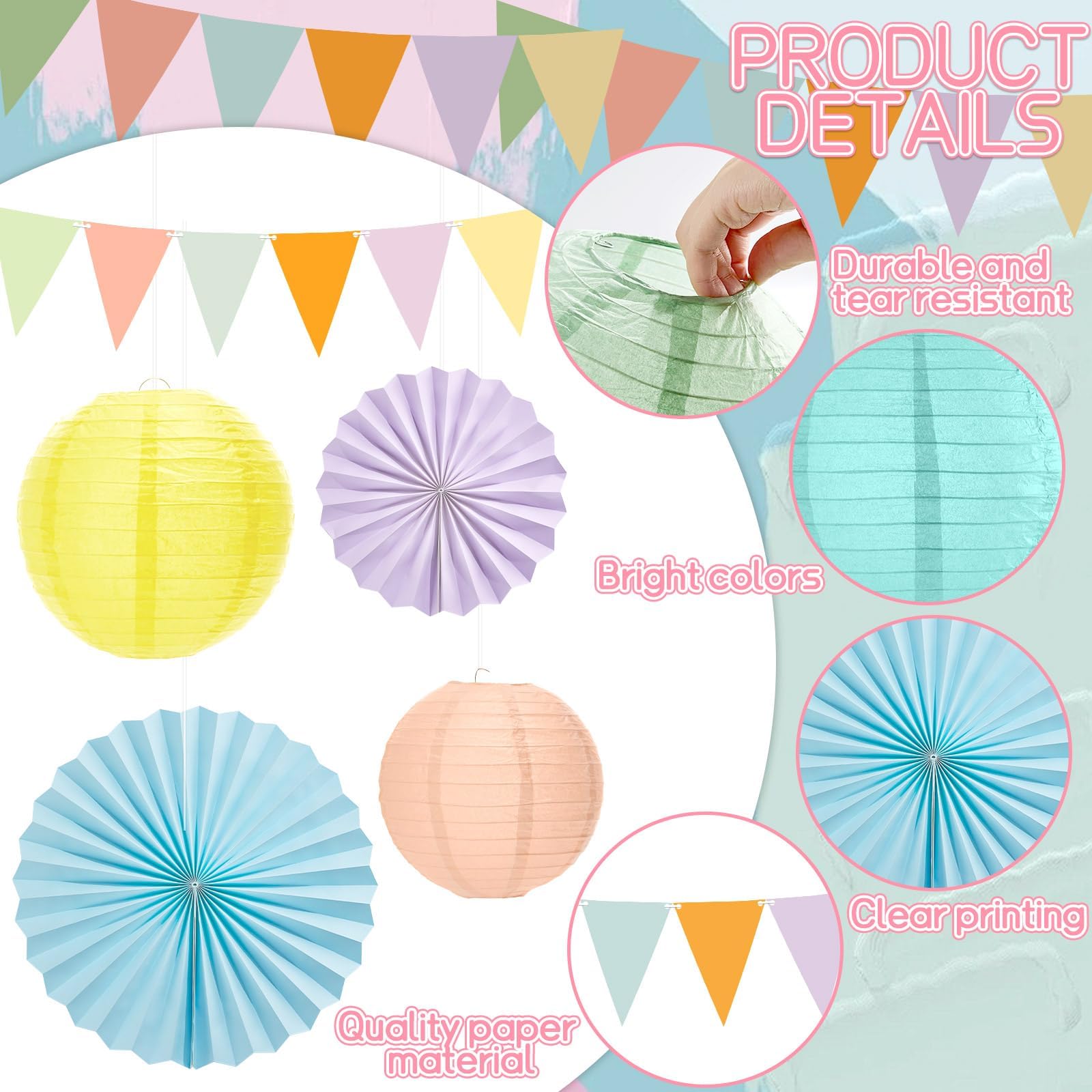21Pcs Pastel Classroom Decor Colorful Pastel Hanging Paper Lanterns Paper Fans Triangle Flags Banners Set Round Lantern for Back to School Ceiling Supplies Home Indoor Birthday Party Ceremonial Event