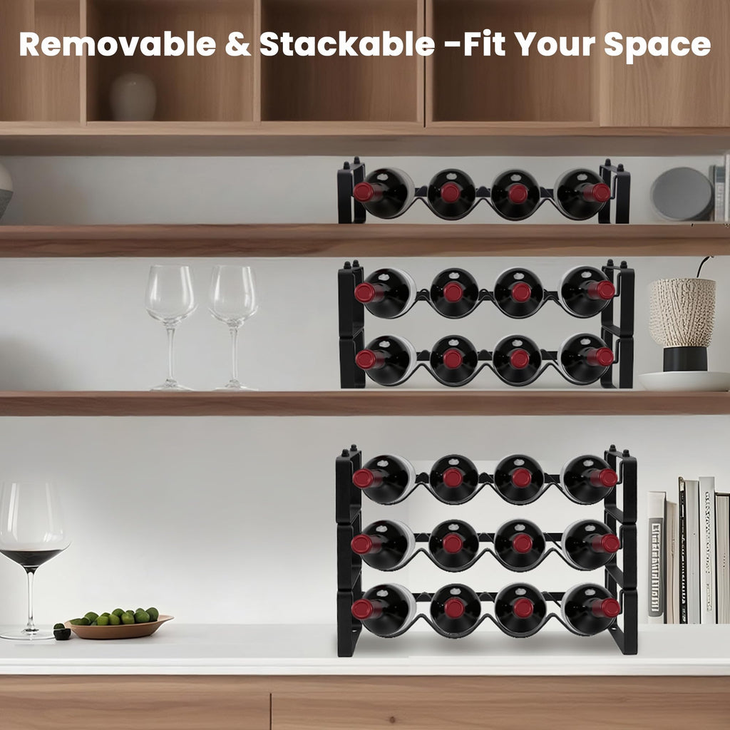 STAEVER Black Wine Rack for 12 Bottles – Stackable & Expandable Metal Wine Bottle Holder for Bar Counter, Cabinet, Pantry, or Small Spaces – Modern Freestanding Wine Storage Shelf (3 Tier, Black)