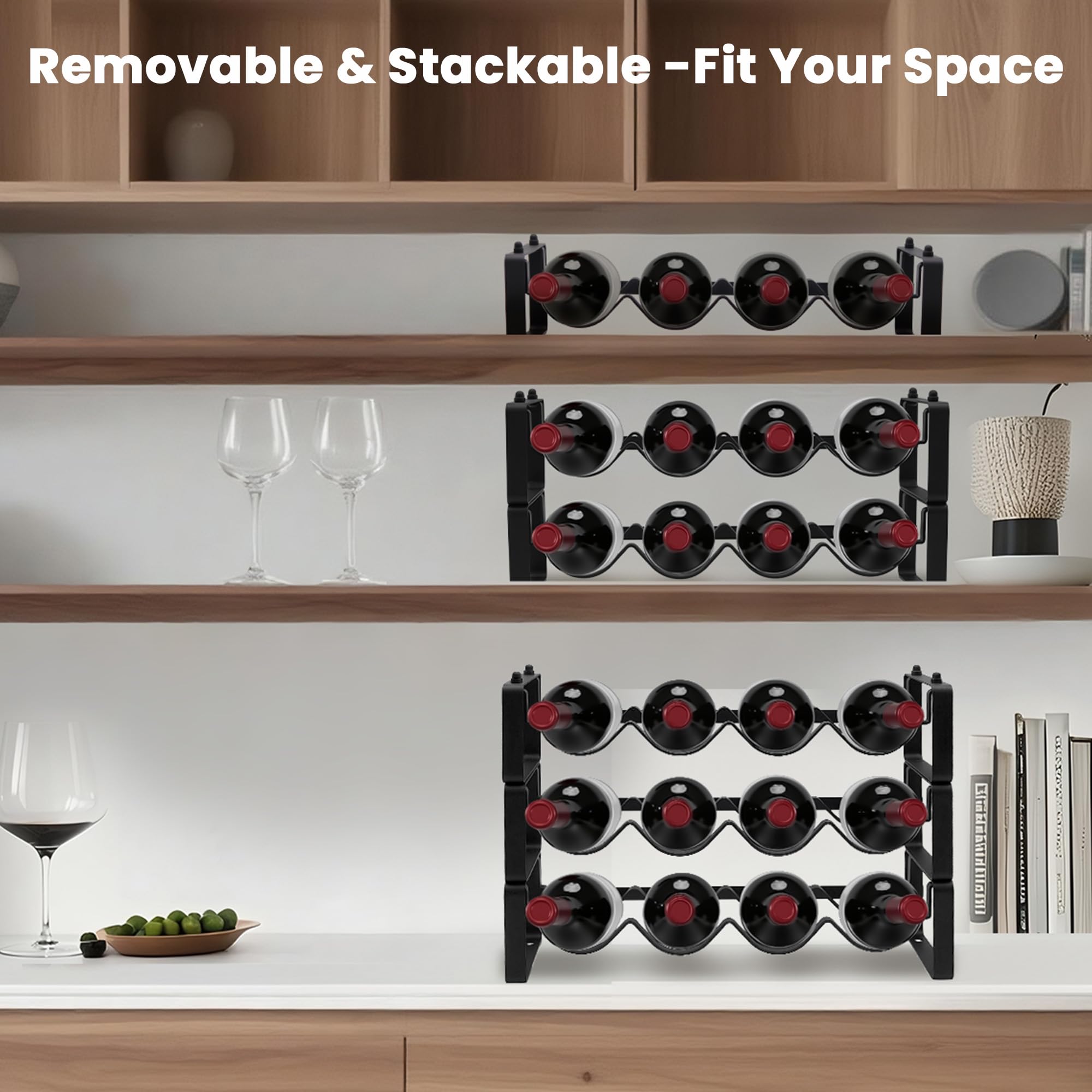 STAEVER Black Wine Rack for 12 Bottles – Stackable & Expandable Metal Wine Bottle Holder for Bar Counter, Cabinet, Pantry, or Small Spaces – Modern Freestanding Wine Storage Shelf (3 Tier, Black)