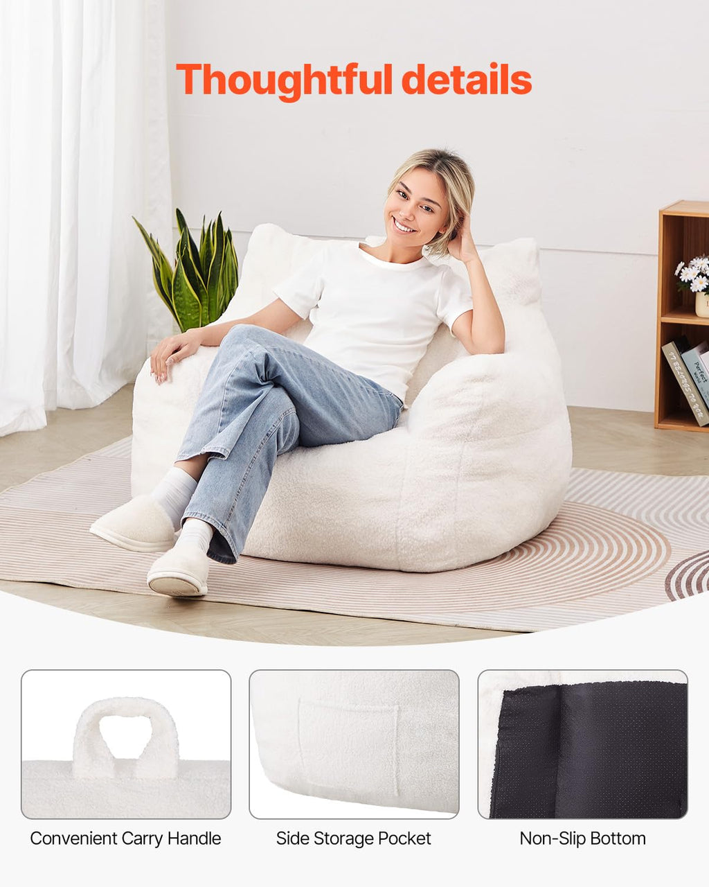 VEVOR Bean Bag Chair, 3 feet Bean Bag Chair with Soft Armrests and Storage Pocket, 25D Memory Foam Filled with Soft Teddy Velvet Cover, Bean Bag for Bedroom or Playroom, White