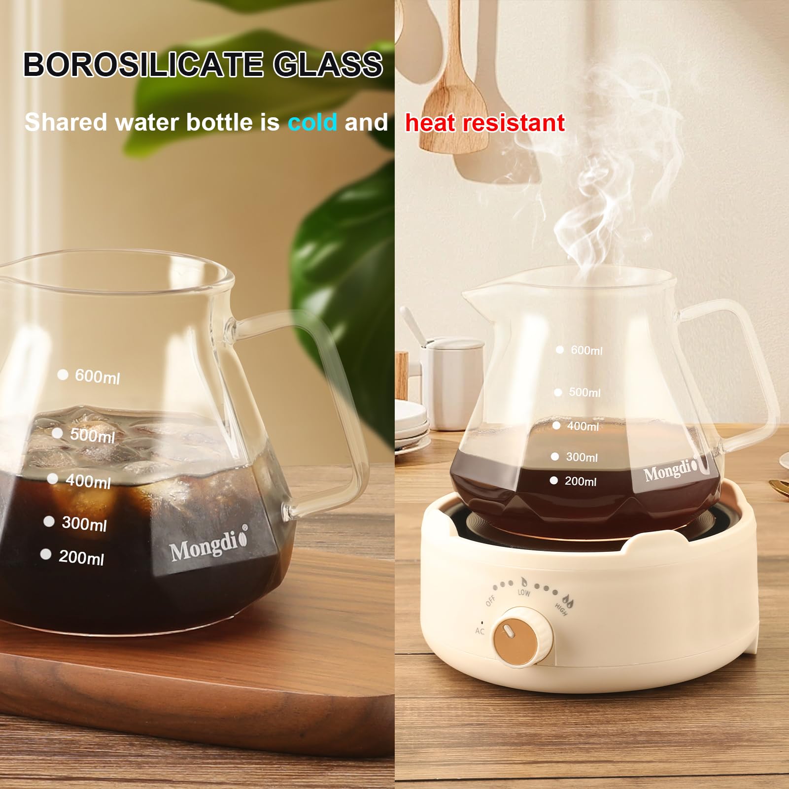 Mongdio Pour Over Coffee Maker, 20 oz High-Heat Borosilicate Glass Coffee Maker with 100pcs Paper Filters, 5 in 1 Drip Coffee Maker Set for Home Café Restaurant and Camping - 600ml, Clear