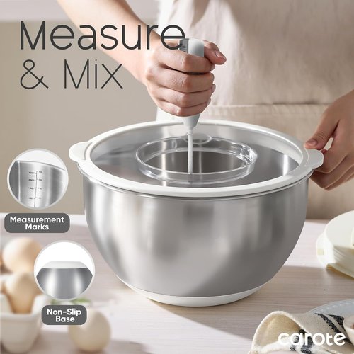 CAROTE Stainless Steel Mixing Bowls Set - 12 Pcs with Airtight Lids & Grater Attachments | Non-Slip Bottoms