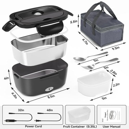 Vingud Electric Lunch Box for Adults, Heated Lunch Box Food Warmer, 80W Portable Heating Lunchbox for Men/Car/Truck with 1.5L Stainless Steel Container, 12V/24V/110V Lonchera Eléctrica Portátil Gift