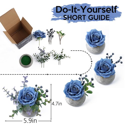 mizii DIY Small Artificial Flowers Potted Kit Fake Flower Realistic Silk Rose and Greenery with Vase for Gifts Table Centerpiece Mantle Office Desk Shelves Living Room Decorations (Navy Blue)