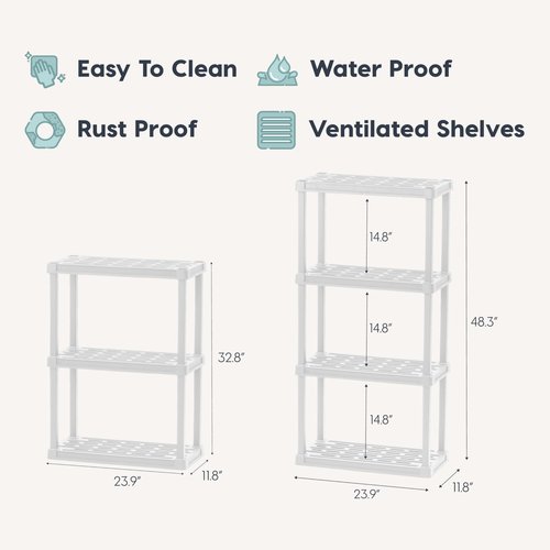 IRIS USA 4-Shelf Light Duty Plastic Storage Shelves, 200lb Capacity, 48" H x 24" W x 12" D, Medium Modular Shelving Unit Storage Organizer for Bathroom, Laundry, Garage & Home, Storage Rack - White