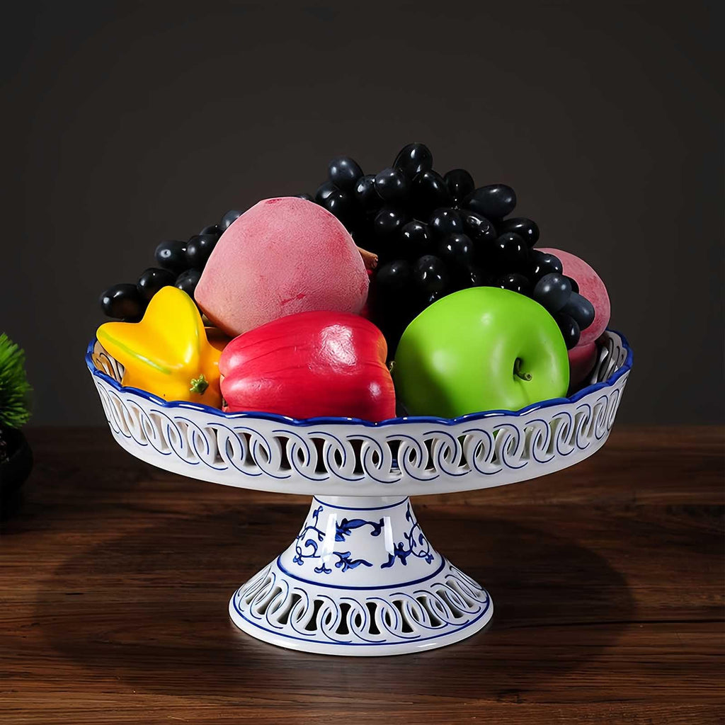 YYMayLsh Decorative Porcelain Fruit Bowl with Pedestal, Blue and White Floral Pattern, 11x5.7 inches